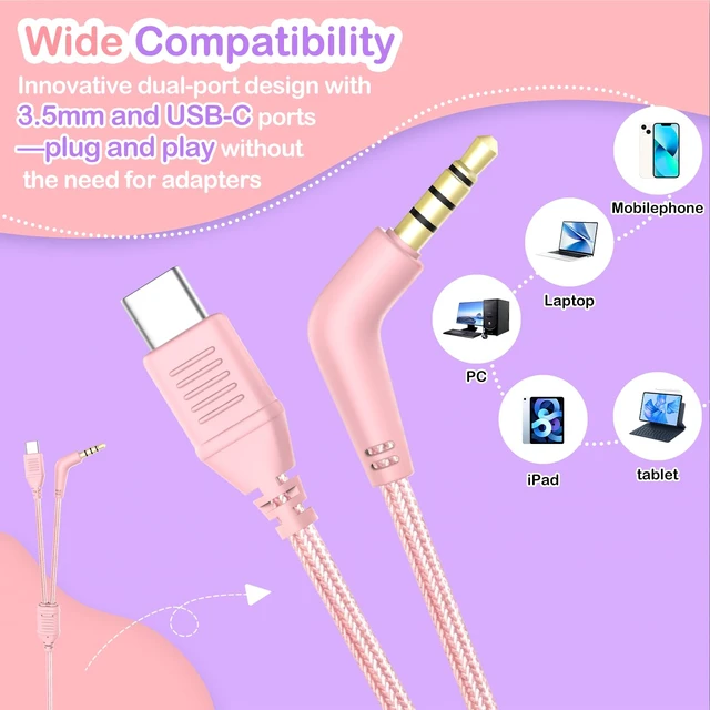 Alt view image 2 of 7 - Kids Headphones with Mic for School, USB C&3.5mm Wired Over Ear Headphones for Teens/Boys/Girls,Safe Volume Limited, HD Stereo Sound Foldable Headphones for Students/Tablet/Laptop/PC/Travel,Pink
