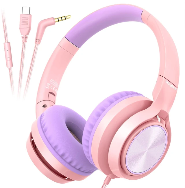 Main image of Kids Headphones with Mic for School, USB C&3.5mm Wired Over Ear Headphones for Teens/Boys/Girls,Safe Volume Limited, HD Stereo Sound Foldable Headphones for Students/Tablet/Laptop/PC/Travel,Pink