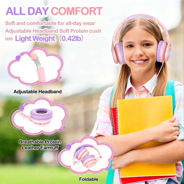 Alt view image 5 of 7 - Kids Headphones with Mic for School, USB C&3.5mm Wired Over Ear Headphones for Teens/Boys/Girls,Safe Volume Limited, HD Stereo Sound Foldable Headphones for Students/Tablet/Laptop/PC/Travel,Pink