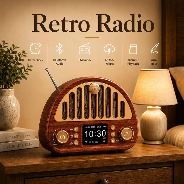 Alt view image 2 of 7 - Retro Alarm Clock Radio with Bluetooth, Dual Alarms and NOAA Weather Alert 40-preset FM Radio, Vintage Wood-Grain, Color Display, Sleep Timer, 3000mAh Battery, USB-C, microSD and AUX for Bedside Use