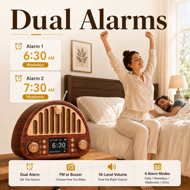 Alt view image 4 of 7 - Retro Alarm Clock Radio with Bluetooth, Dual Alarms and NOAA Weather Alert 40-preset FM Radio, Vintage Wood-Grain, Color Display, Sleep Timer, 3000mAh Battery, USB-C, microSD and AUX for Bedside Use