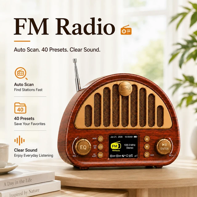 Alt view image 6 of 7 - Retro Alarm Clock Radio with Bluetooth, Dual Alarms and NOAA Weather Alert 40-preset FM Radio, Vintage Wood-Grain, Color Display, Sleep Timer, 3000mAh Battery, USB-C, microSD and AUX for Bedside Use