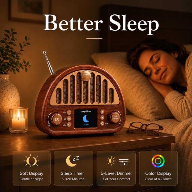 Alt view image 7 of 7 - Retro Alarm Clock Radio with Bluetooth, Dual Alarms and NOAA Weather Alert 40-preset FM Radio, Vintage Wood-Grain, Color Display, Sleep Timer, 3000mAh Battery, USB-C, microSD and AUX for Bedside Use