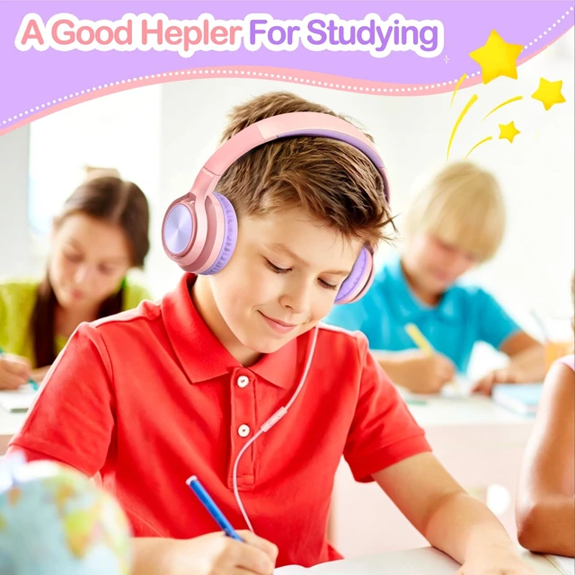 Alt view image 6 of 7 - Kids Headphones with Mic for School, USB C&3.5mm Wired Over Ear Headphones for Teens/Boys/Girls,Safe Volume Limited, HD Stereo Sound Foldable Headphones for Students/Tablet/Laptop/PC/Travel,Pink