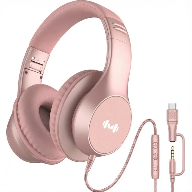 Main image of Wired Over Ear Headphones with Mic, USB-C Adapter, Rose Gold USB-C adapter included, 3.5mm wired connection, comfortable ear cushions, lightweight design for work, calls and daily use