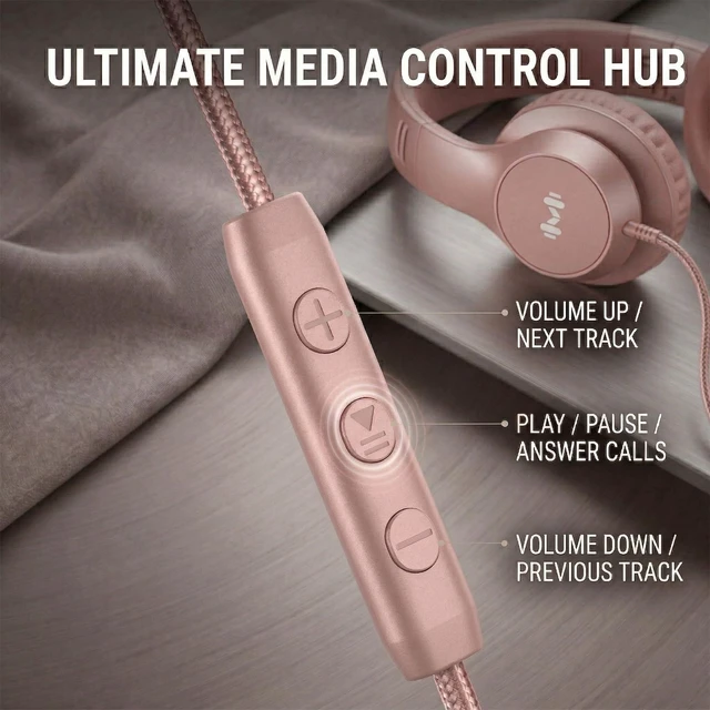 Alt view image 2 of 7 - Wired Over Ear Headphones with Mic, USB-C Adapter, Rose Gold USB-C adapter included, 3.5mm wired connection, comfortable ear cushions, lightweight design for work, calls and daily use