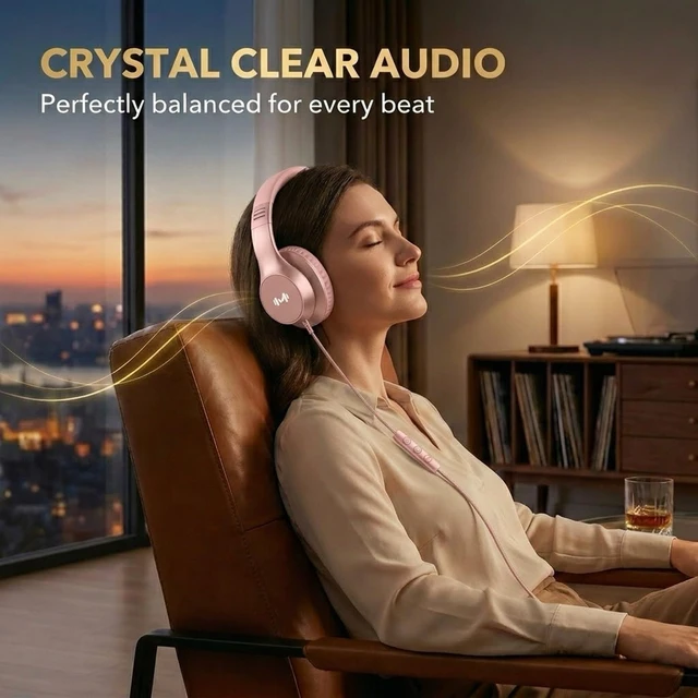 Alt view image 3 of 7 - Wired Over Ear Headphones with Mic, USB-C Adapter, Rose Gold USB-C adapter included, 3.5mm wired connection, comfortable ear cushions, lightweight design for work, calls and daily use