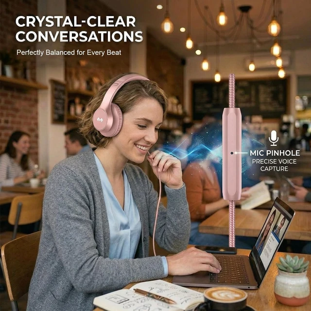 Alt view image 5 of 7 - Wired Over Ear Headphones with Mic, USB-C Adapter, Rose Gold USB-C adapter included, 3.5mm wired connection, comfortable ear cushions, lightweight design for work, calls and daily use