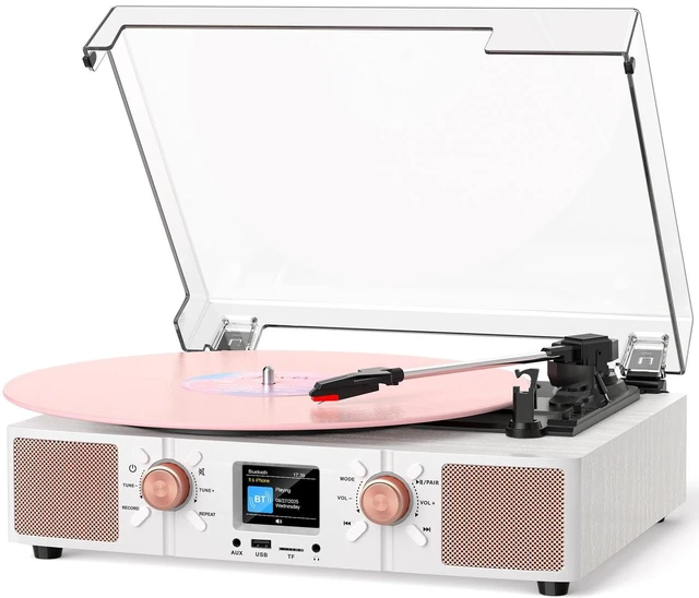 Main image of Vinyl Record Player with Built-in Speakers, Vintage 3-Speed Bluetooth Turntable with USB Playback, LCD Display, Clock, RCA/Headphone/AUX Jacks, Belt-Driven LP Player, White Rose Gold