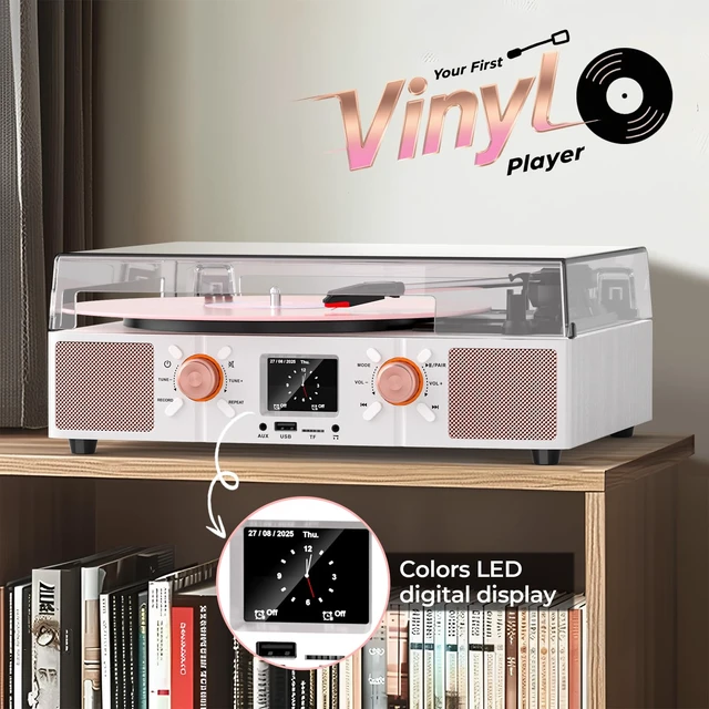 Alt view image 2 of 7 - Vinyl Record Player with Built-in Speakers, Vintage 3-Speed Bluetooth Turntable with USB Playback, LCD Display, Clock, RCA/Headphone/AUX Jacks, Belt-Driven LP Player, White Rose Gold