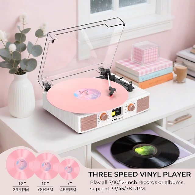 Alt view image 6 of 7 - Vinyl Record Player with Built-in Speakers, Vintage 3-Speed Bluetooth Turntable with USB Playback, LCD Display, Clock, RCA/Headphone/AUX Jacks, Belt-Driven LP Player, White Rose Gold