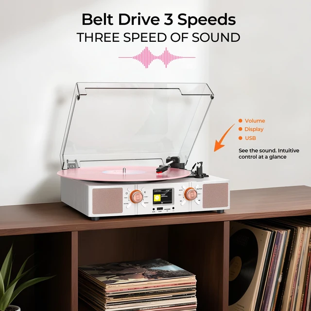 Alt view image 5 of 7 - Vinyl Record Player with Built-in Speakers, Vintage 3-Speed Bluetooth Turntable with USB Playback, LCD Display, Clock, RCA/Headphone/AUX Jacks, Belt-Driven LP Player, White Rose Gold