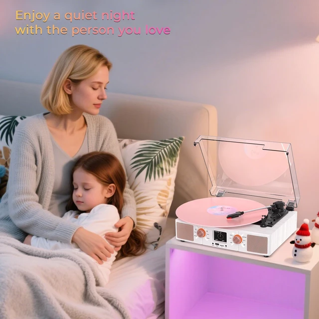 Alt view image 7 of 7 - Vinyl Record Player with Built-in Speakers, Vintage 3-Speed Bluetooth Turntable with USB Playback, LCD Display, Clock, RCA/Headphone/AUX Jacks, Belt-Driven LP Player, White Rose Gold