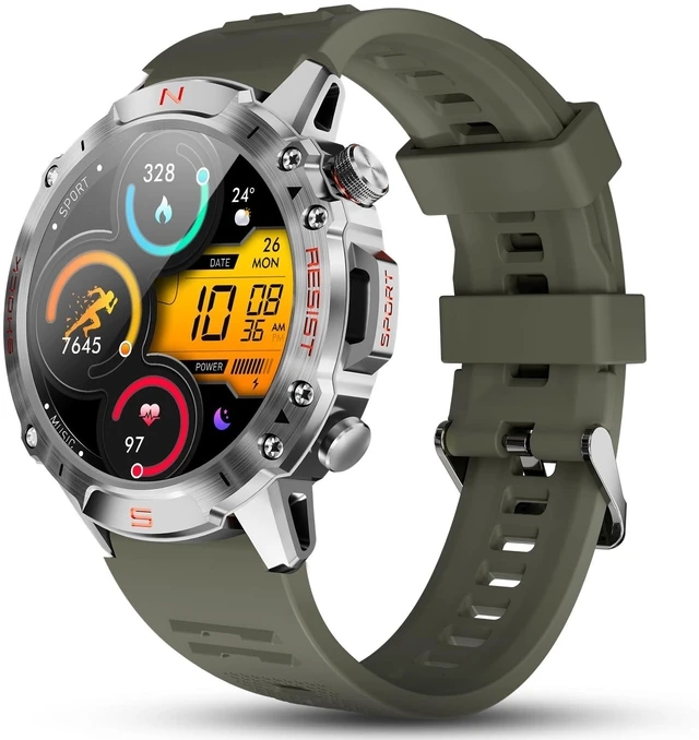 Main image of Tactical Smart Watch for Men, Rugged 1.43" AMOLED Fitness Tracker Bluetooth Calling, 5ATM Waterproof, 170+ Sports Modes, Heart Rate & SpO2 Monitor, Sleep Tracking, 2 Bands, Android & iPhone