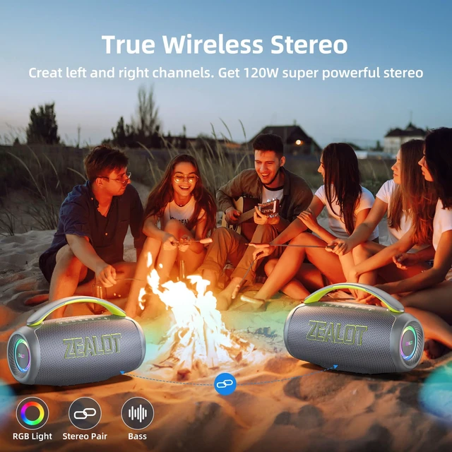 Alt view image 4 of 7 - Portable Bluetooth Speaker, 90W Peak Waterproof Loud Booming Sound Speakers, Dual Pairing, XBass, 25H Playtime, Outdoor Speaker with Handle for Camping, Beach, Party, Backyard (Gray)