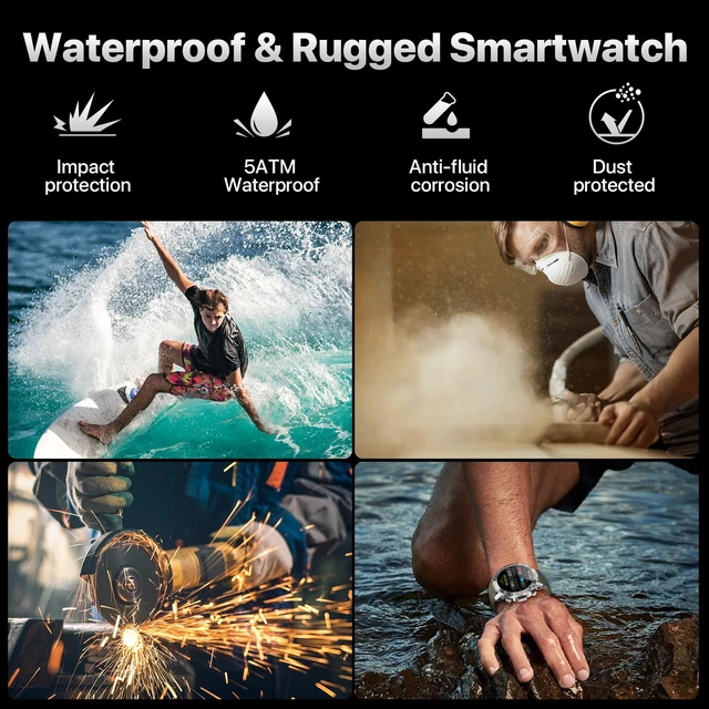 Alt view image 3 of 7 - Tactical Smart Watch for Men, Rugged 1.43" AMOLED Fitness Tracker Bluetooth Calling, 5ATM Waterproof, 170+ Sports Modes, Heart Rate & SpO2 Monitor, Sleep Tracking, 2 Bands, Android & iPhone