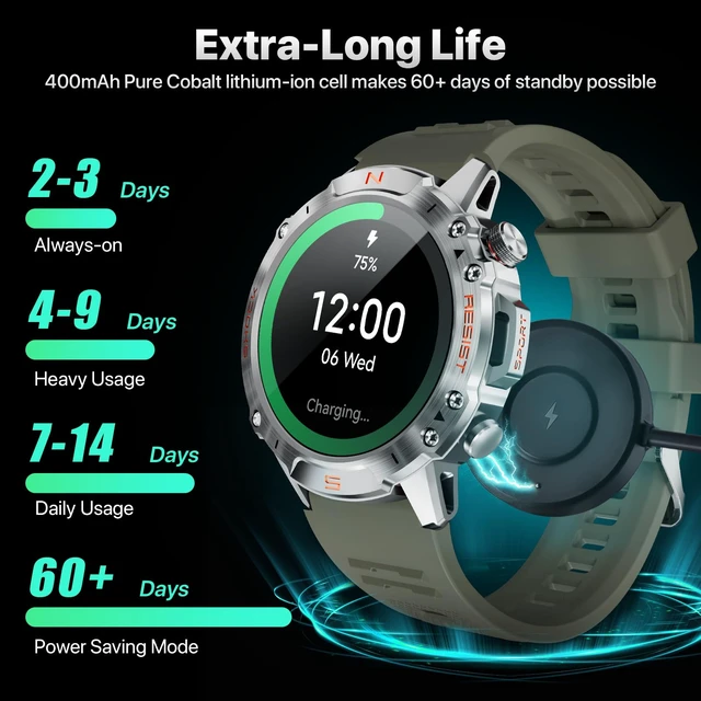 Alt view image 4 of 7 - Tactical Smart Watch for Men, Rugged 1.43" AMOLED Fitness Tracker Bluetooth Calling, 5ATM Waterproof, 170+ Sports Modes, Heart Rate & SpO2 Monitor, Sleep Tracking, 2 Bands, Android & iPhone