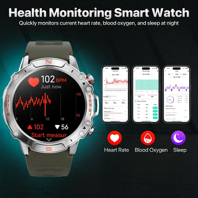 Alt view image 5 of 7 - Tactical Smart Watch for Men, Rugged 1.43" AMOLED Fitness Tracker Bluetooth Calling, 5ATM Waterproof, 170+ Sports Modes, Heart Rate & SpO2 Monitor, Sleep Tracking, 2 Bands, Android & iPhone