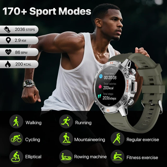 Alt view image 6 of 7 - Tactical Smart Watch for Men, Rugged 1.43" AMOLED Fitness Tracker Bluetooth Calling, 5ATM Waterproof, 170+ Sports Modes, Heart Rate & SpO2 Monitor, Sleep Tracking, 2 Bands, Android & iPhone