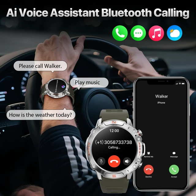 Alt view image 7 of 7 - Tactical Smart Watch for Men, Rugged 1.43" AMOLED Fitness Tracker Bluetooth Calling, 5ATM Waterproof, 170+ Sports Modes, Heart Rate & SpO2 Monitor, Sleep Tracking, 2 Bands, Android & iPhone