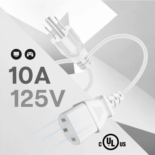 Alt view image 2 of 6 - 15FT PC Power Cord, 3 Prong 10A 125V NEMA 5-15P to IEC C13, White 18 Awg Replacement Cable for Pcs, Monitors, Tvs, Printers, Ps3 and Other Devices with An Iec C13 Power Inlet