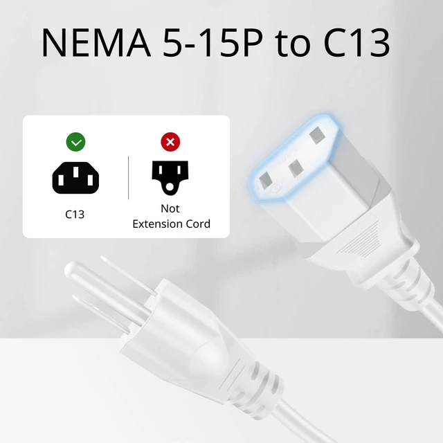 Alt view image 3 of 6 - 15FT PC Power Cord, 3 Prong 10A 125V NEMA 5-15P to IEC C13, White 18 Awg Replacement Cable for Pcs, Monitors, Tvs, Printers, Ps3 and Other Devices with An Iec C13 Power Inlet