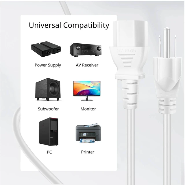 Alt view image 4 of 6 - 15FT PC Power Cord, 3 Prong 10A 125V NEMA 5-15P to IEC C13, White 18 Awg Replacement Cable for Pcs, Monitors, Tvs, Printers, Ps3 and Other Devices with An Iec C13 Power Inlet