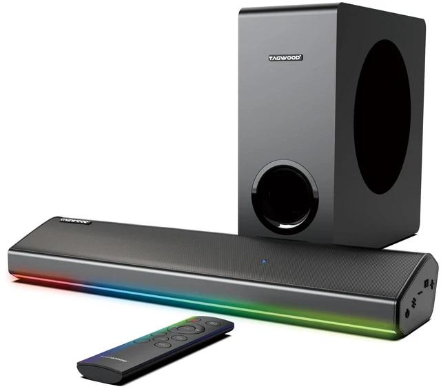 Main image of RGB Lighting Soundbar with Subwoofer, Stereo Deep Bass for PC TV 2.1 Channel Computer Projector Speakers Bluetooth Sound Bar Lights Sync to Music Games HDMI ARC Optical AUX USB