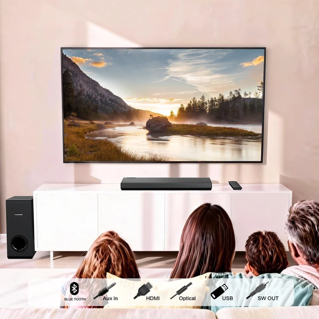 Alt view image 6 of 7 - RGB Lighting Soundbar with Subwoofer, Stereo Deep Bass for PC TV 2.1 Channel Computer Projector Speakers Bluetooth Sound Bar Lights Sync to Music Games HDMI ARC Optical AUX USB