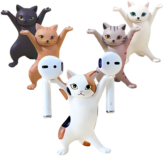 Main image of 5 Pack Cat Earbud Holder Stand for AirPods 1/2/3 Raised-hand cat figurines, dual-use earbud & pen holder, solid resin, cute office desk decor for girls women