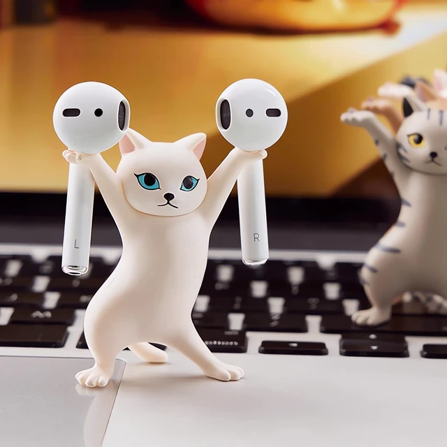 Alt view image 4 of 7 - 5 Pack Cat Earbud Holder Stand for AirPods 1/2/3 Raised-hand cat figurines, dual-use earbud & pen holder, solid resin, cute office desk decor for girls women