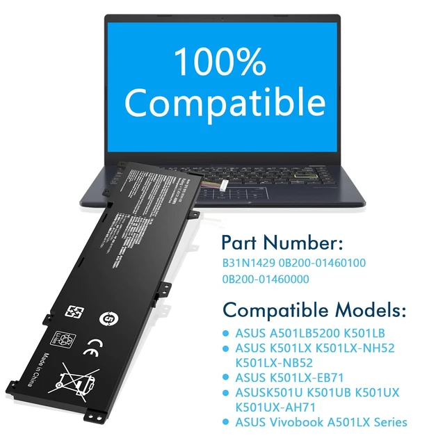 Alt view image 4 of 7 - B31N1429 Laptop Battery Replacement for ASUS A501L A501LB A501LX K501L K501LB K501LX K501LX-NH52 K501U K501UB K501UX K501UW K501UX-AH71 K501LX-NB52 11.4V 48Wh
