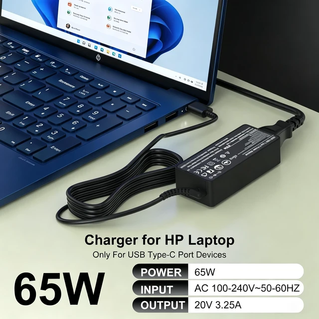 Alt view image 2 of 7 - 65W USB C Charger Compatible with HP EliteBook ProBook Chromebook EliteBook 830/840/860/640/1040 G8-G11; ProBook 440/450/460 G8-G11 Fast Charging AC Adapter