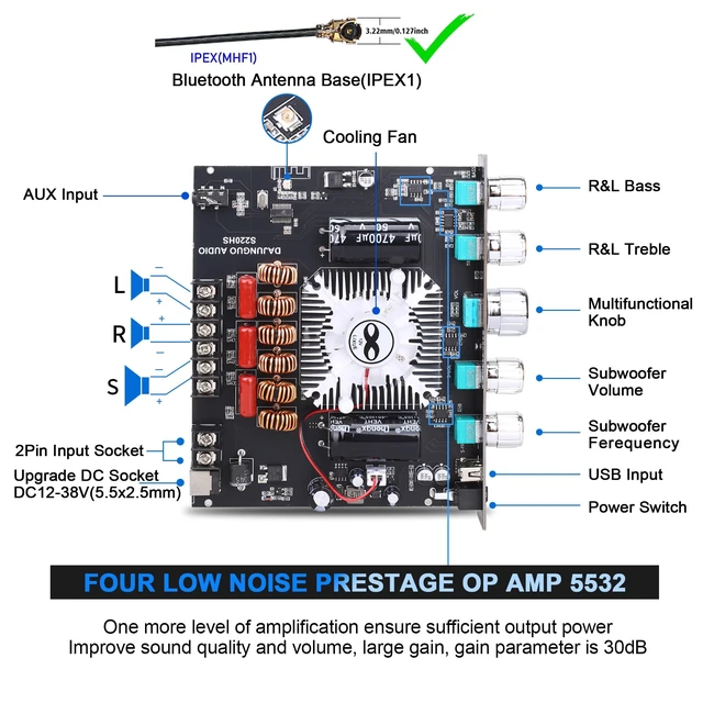 Alt view image 2 of 7 - S220HS 2.1 Channel Bluetooth Power Amplifier Board, TDA7498E Chip 160W×2+220W, 12V-38V Audio Power Amplifier Module, Support Custom Bluetooth Name and Set Bluetooth Password