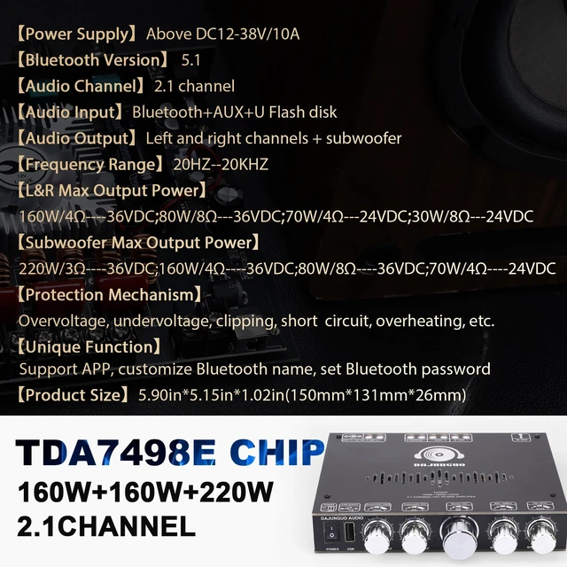 Alt view image 3 of 7 - S220HS 2.1 Channel Bluetooth Power Amplifier Board, TDA7498E Chip 160W×2+220W, 12V-38V Audio Power Amplifier Module, Support Custom Bluetooth Name and Set Bluetooth Password