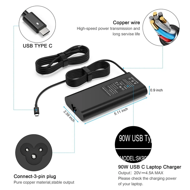 Alt view image 2 of 7 - New Slim 90W USB C Laptop Charger Compatible with Dell XPS 15 9500 17 9700 Latitude 3000 5000 7000 9000 Series Precision 5470 5550 5750 3540 3570 LA90PM170 DA90PM170 Type C AC Adapter Power Cord