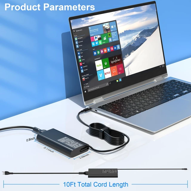 Alt view image 6 of 7 - New Slim 90W USB C Laptop Charger Compatible with Dell XPS 15 9500 17 9700 Latitude 3000 5000 7000 9000 Series Precision 5470 5550 5750 3540 3570 LA90PM170 DA90PM170 Type C AC Adapter Power Cord