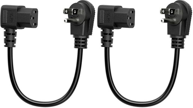 Main image of Short 1Foot Nema 5-15P Right Angle to IEC 320 C13 Right Angled Power Cord, US 3-Prong Male to Right Angle IEC Female AC Power Cord, SJT 16AWG (Pack of 2)