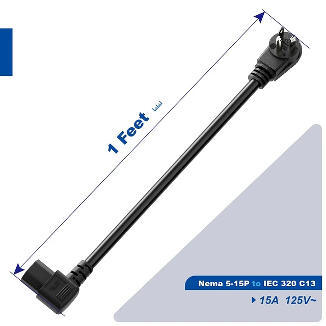 Alt view image 2 of 7 - Short 1Foot Nema 5-15P Right Angle to IEC 320 C13 Right Angled Power Cord, US 3-Prong Male to Right Angle IEC Female AC Power Cord, SJT 16AWG (Pack of 2)