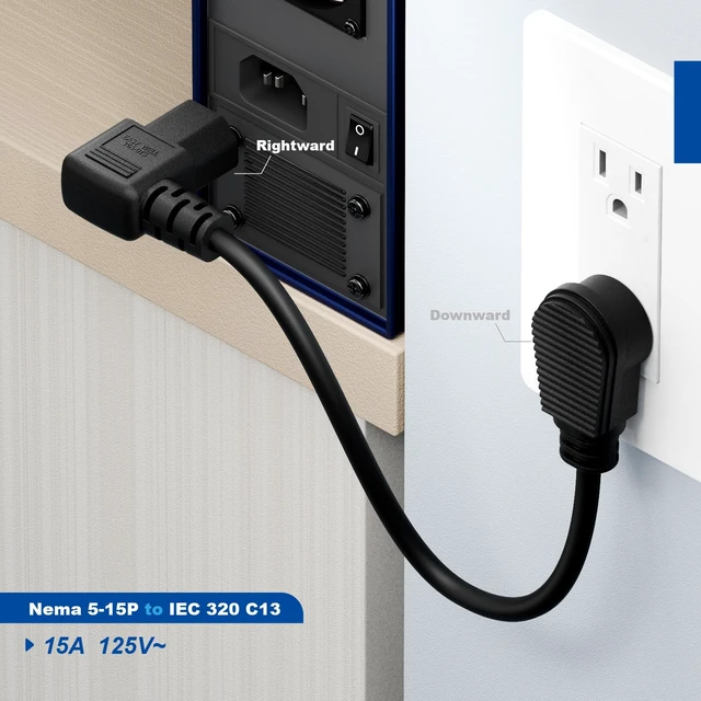Alt view image 3 of 7 - Short 1Foot Nema 5-15P Right Angle to IEC 320 C13 Right Angled Power Cord, US 3-Prong Male to Right Angle IEC Female AC Power Cord, SJT 16AWG (Pack of 2)