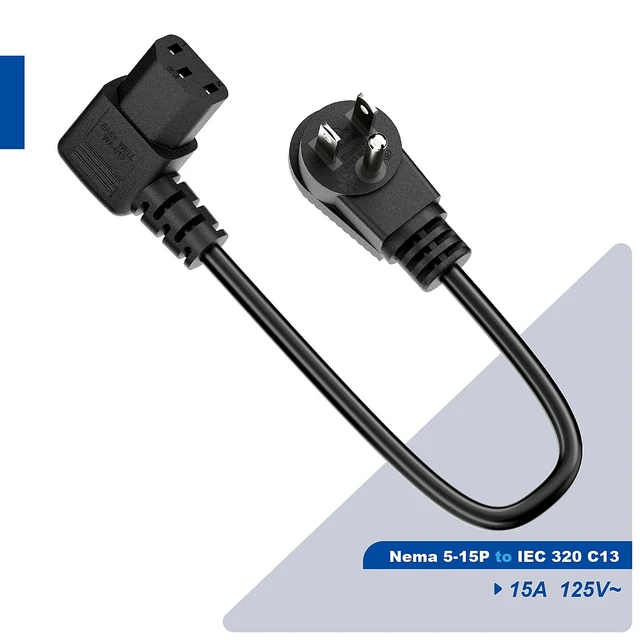 Alt view image 7 of 7 - Short 1Foot Nema 5-15P Right Angle to IEC 320 C13 Right Angled Power Cord, US 3-Prong Male to Right Angle IEC Female AC Power Cord, SJT 16AWG (Pack of 2)