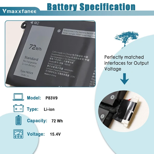 Alt view image 2 of 7 - 72Wh P83V9 Laptop Battery Replacement for Dell Precision 5480 5490 5470 Series Notebook YXP8T 0CDTT2 CDTT2 Black 15.4V 4442mAh