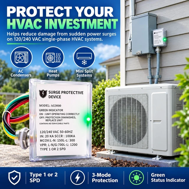Alt view image 2 of 7 - AG3000 HVAC Surge Protector 120/240V, Mini Split & AC Protection Device with TPMOV Tech, 3-Mode Whole House Protective Device Hardwired for Heat Pump & Condenser, NEMA 4X Watertight, LED Indicator