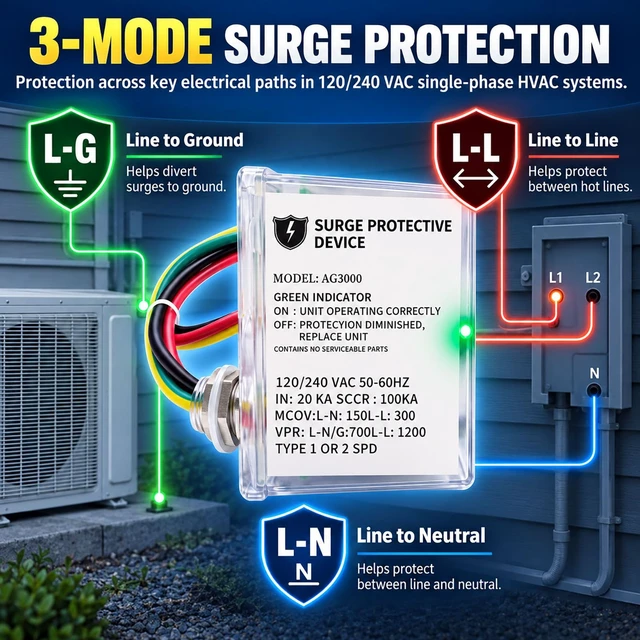 Alt view image 3 of 7 - AG3000 HVAC Surge Protector 120/240V, Mini Split & AC Protection Device with TPMOV Tech, 3-Mode Whole House Protective Device Hardwired for Heat Pump & Condenser, NEMA 4X Watertight, LED Indicator