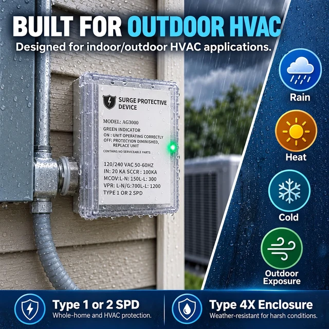 Alt view image 6 of 7 - AG3000 HVAC Surge Protector 120/240V, Mini Split & AC Protection Device with TPMOV Tech, 3-Mode Whole House Protective Device Hardwired for Heat Pump & Condenser, NEMA 4X Watertight, LED Indicator