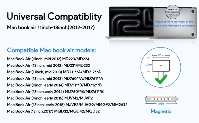 Alt view image 3 of 5 - 45W Mag2 T-tip Laptop Power Adapter Magnetic Mac Book Air Charger Compatible with 11-inch & 13-inch Mac Book Air, Released After Mid 2012, 2012-2017 Models