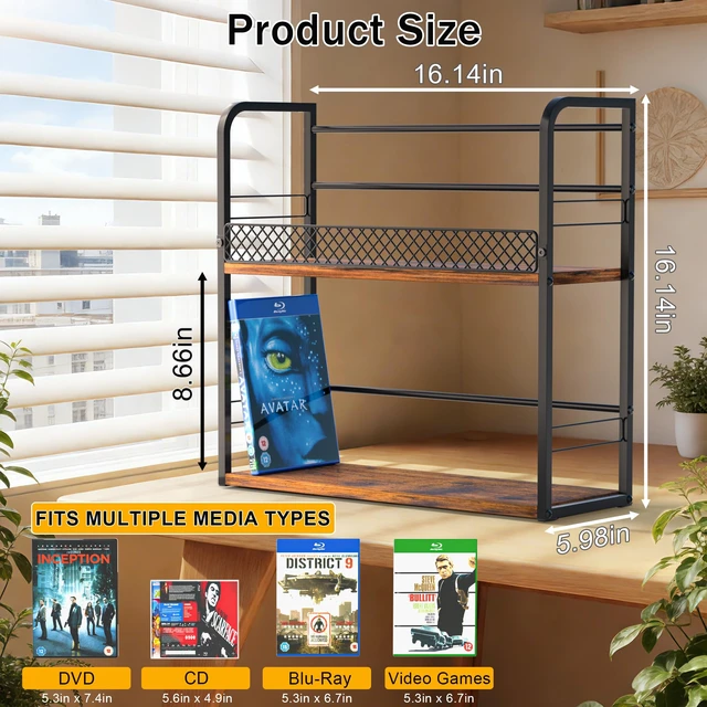 Alt view image 4 of 6 - 2-Tier DVD Storage Rack, Retro DVD Shelf for DVDs,CDs & Video Games DVD Holder, CD Storage with Top Display Shelf & Non-slip Base, Stores Up to 56 DVDs,Portable Video Game Shelf for Home Office