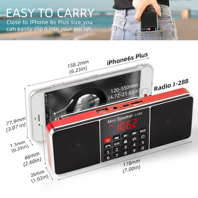 Alt view image 2 of 7 - J-288 Portable Radio AM FM Radio, Stereo Bluetooth Speaker Sleep Timer, Power-Saving Display, Ultra-Long Antenna, AUX Input & USB Disk & TF Card MP3 Player, NO Manual Preset