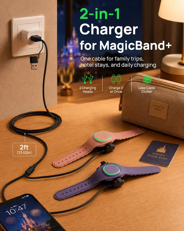 Alt view image 2 of 7 - Compatible with MagicBand+ Charger 2-in-1, Nylon-Braided USB-C & USB-A 2ft Charger for Disney MagicBand+, 2 Charging Heads, Replacement Travel Charge, for Magic Band Plus Watch Charging Cable