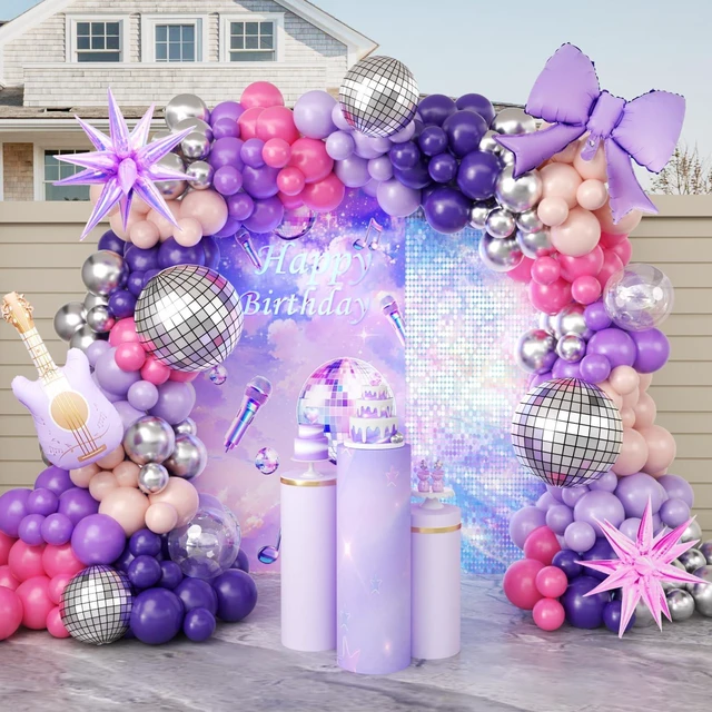 Main image of 171Pcs Kpop Balloons Arch Kit, Idol Stage Style Pink Purple Silver Disco Balloon Garland with Bow Guitar Star Music Note Foil Balloons for K-Pop Music Disco Theme Birthday Concert-Style Stage